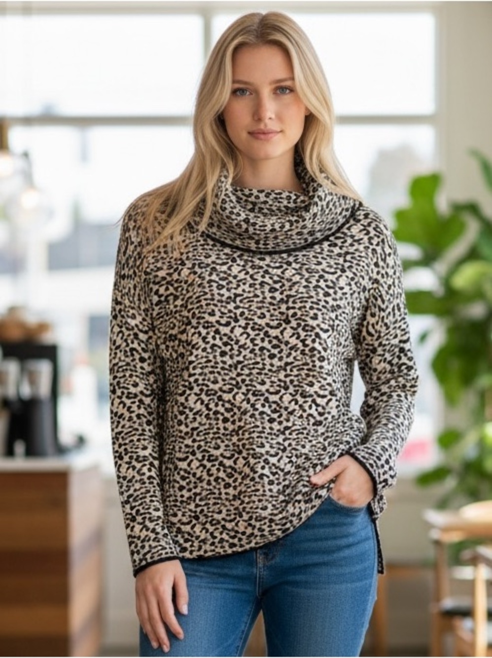 Calvin Klein Cheetah Loose Fit Print Cowl Sweater Size Small